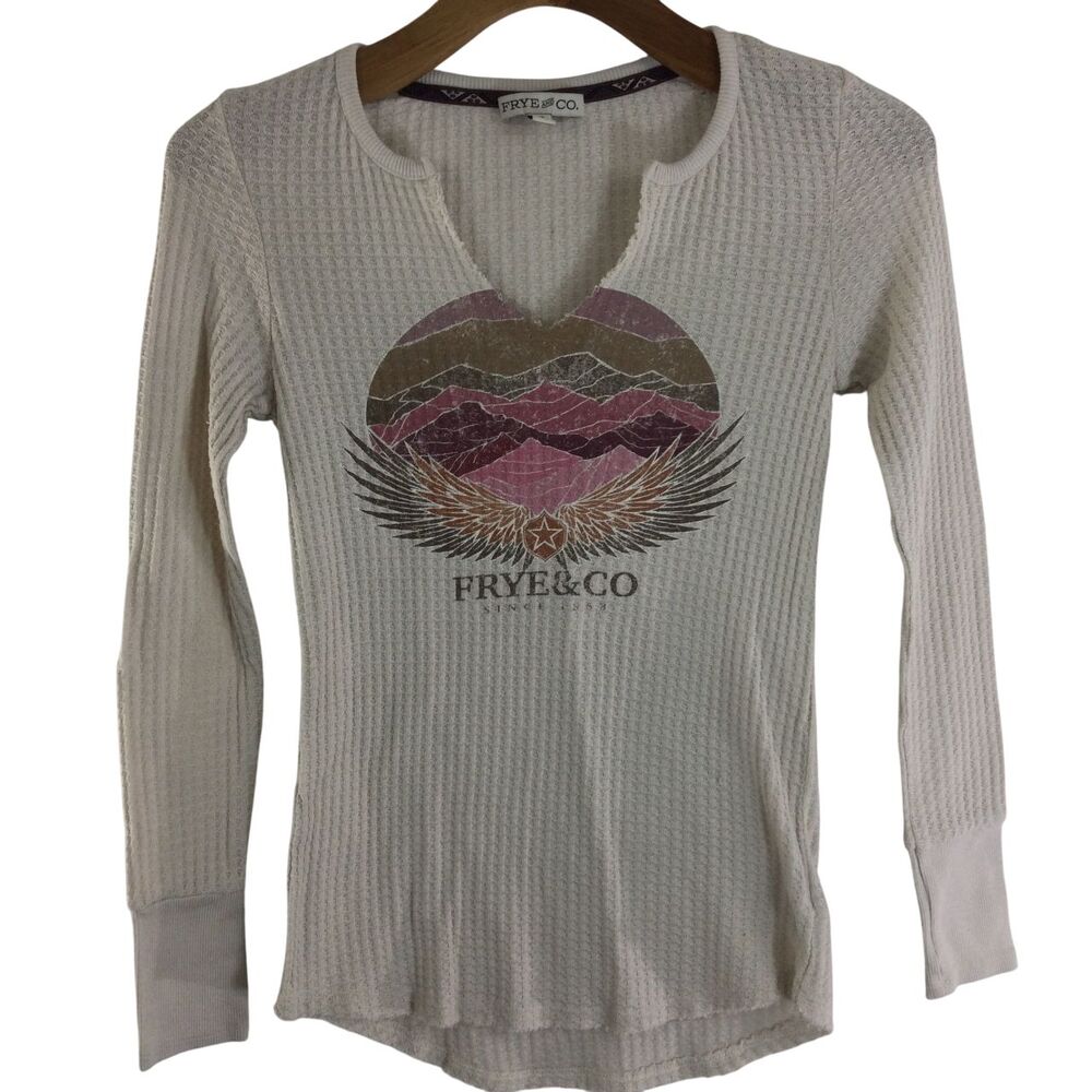 Frye & Co Women Split Crew Neck Long Sleeve Western Waffle Knit Graphic Shirt XS